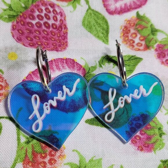 Blue "Lover" Reflective Heart Shaped Acrylic Earrings - Picture 2 of 6